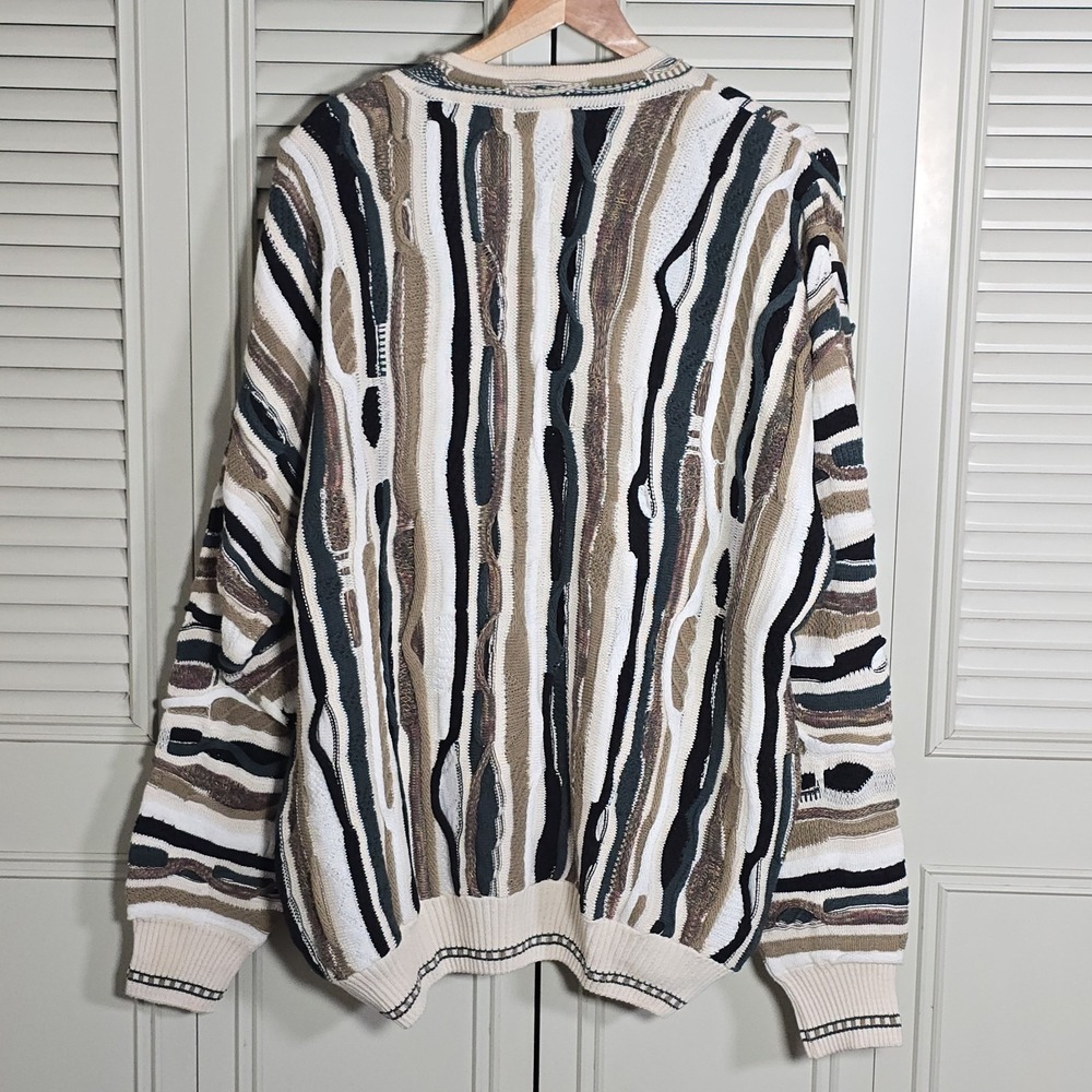 Vintage 90s J Ferrar Coogi Style 3D Knit Cardigan Sweater Mens XL Bulgaria - Picture 2 of 10